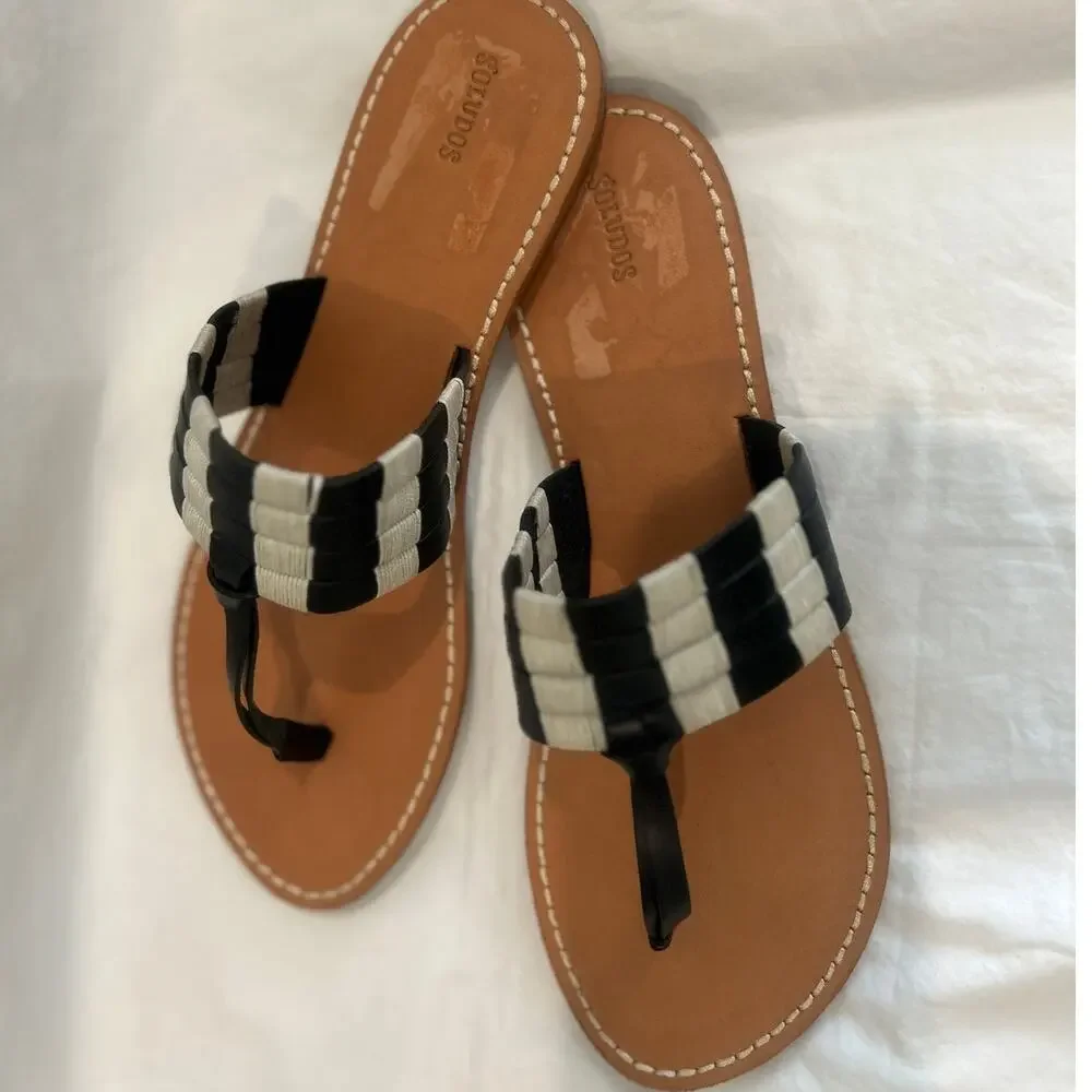 SOLUDOS Women's Multi Cotton Band Black White Thong Sandal Flat Coastal 11